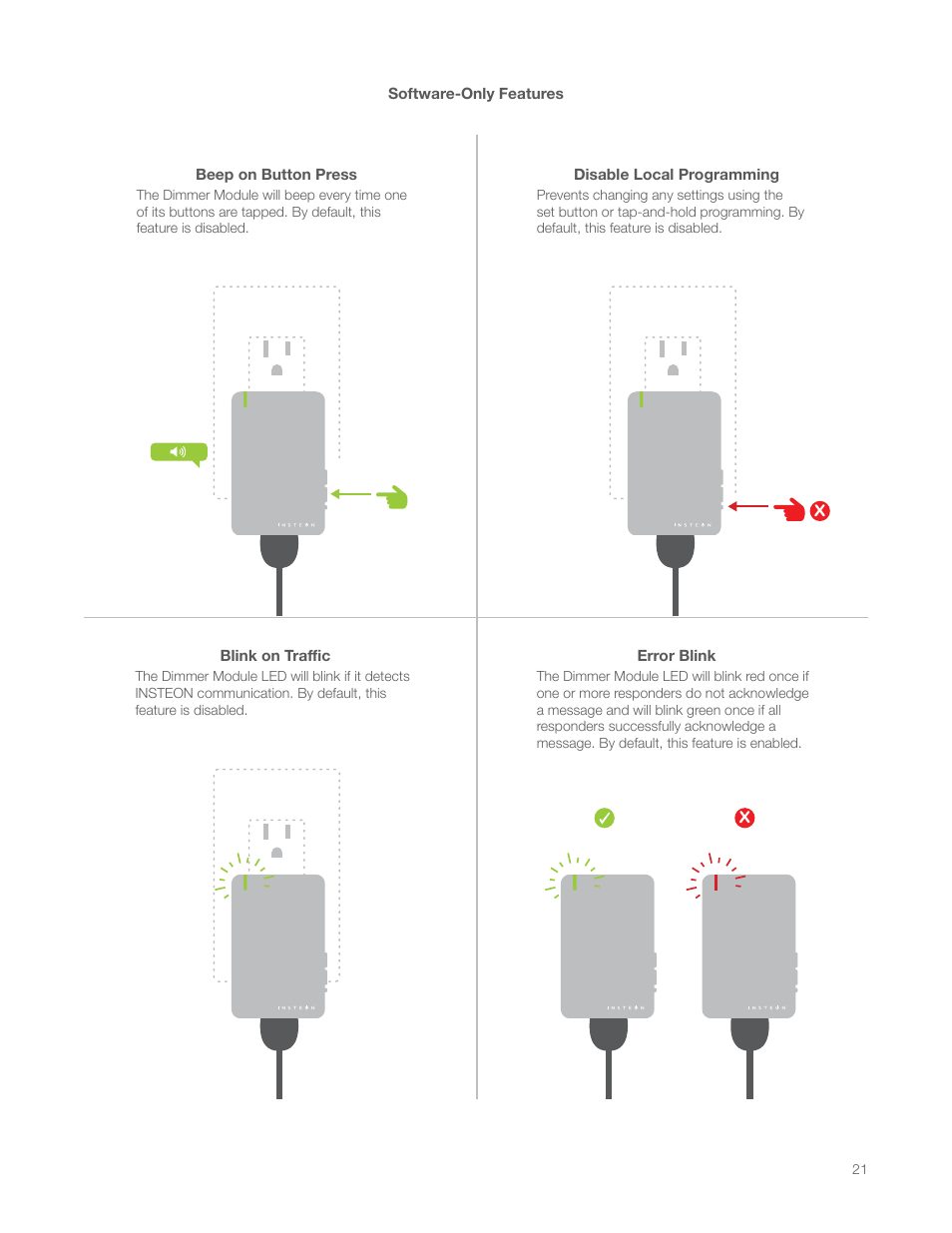 Beep on button press, Disable local programming, Blink on traffic | Error blink | INSTEON LampLinc Dimmer Module (Dual-Band) (2457D2) Manual User Manual | Page 21 / 33