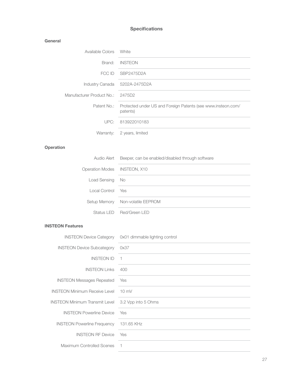 Specifications | INSTEON LampLinc Dimmer Module (Dual-Band) (2457D2) Manual User Manual | Page 27 / 33