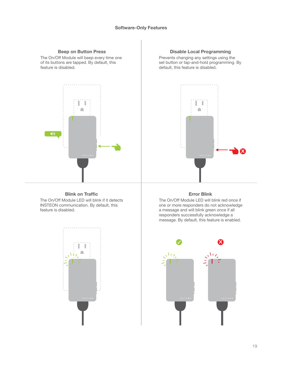 Beep on button press, Disable local programming, Blink on traffic | Error blink | INSTEON On/Off Module (Dual-Band) (2635-222) Manual User Manual | Page 19 / 28