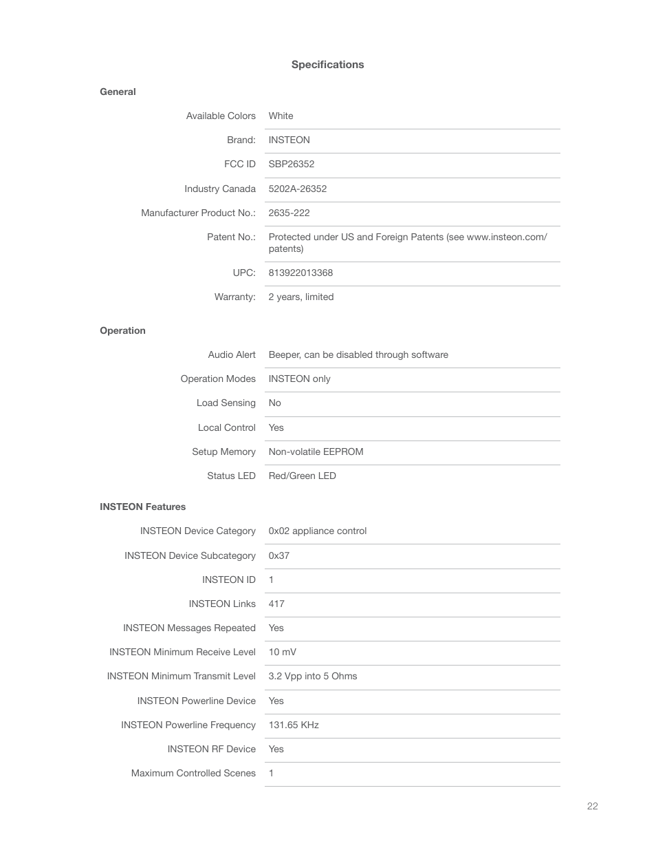 Specifications | INSTEON On/Off Module (Dual-Band) (2635-222) Manual User Manual | Page 22 / 28