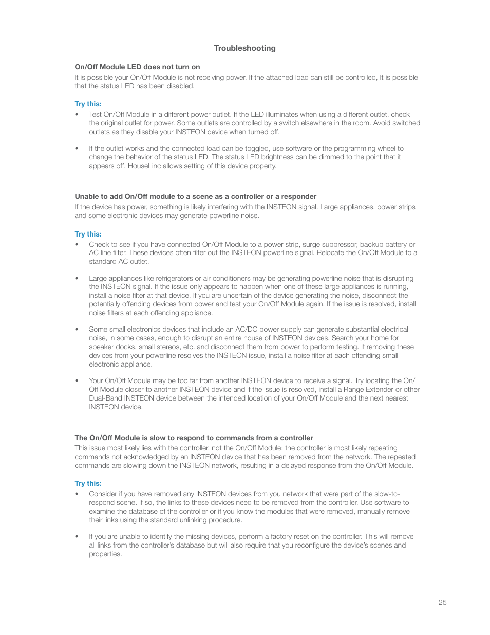 Troubleshooting | INSTEON On/Off Module (Dual-Band) (2635-222) Manual User Manual | Page 25 / 28