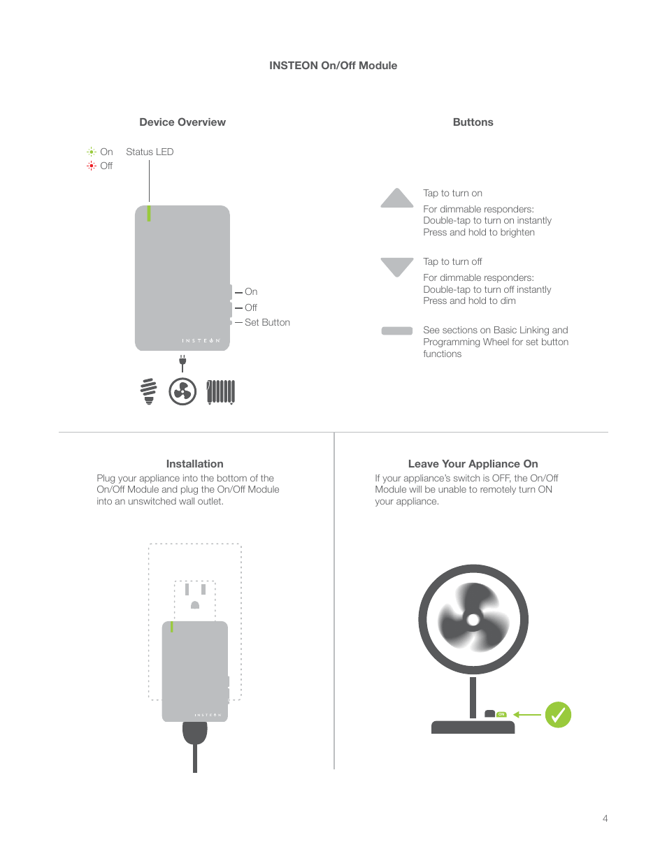 Insteon on/off module, Device overview, Buttons | Installation, Leave your appliance on | INSTEON On/Off Module (Dual-Band) (2635-222) Manual User Manual | Page 4 / 28