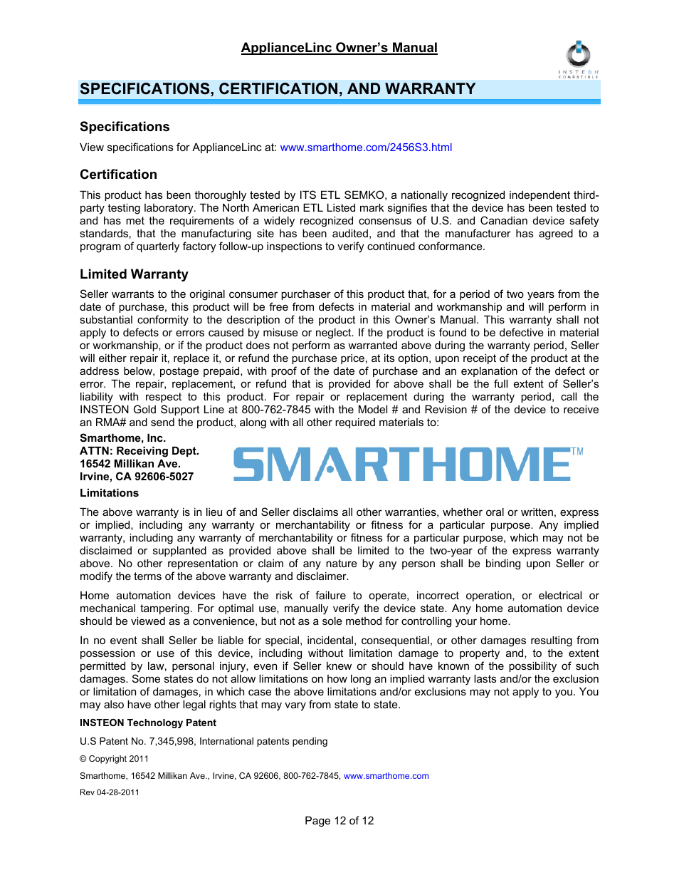 Specifications, certification, and warranty, Specifications, Certification | Limited warranty, Limitations, Insteon technology patent | INSTEON ApplianceLinc (2456S3) Manual User Manual | Page 12 / 12