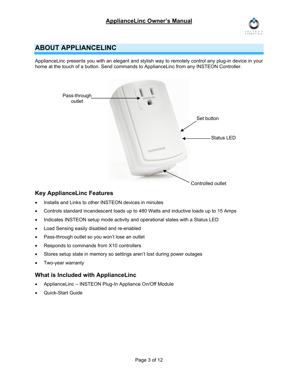 About appliancelinc, Key appliancelinc features, What is included with appliancelinc | INSTEON ApplianceLinc (2456S3) Manual User Manual | Page 3 / 12