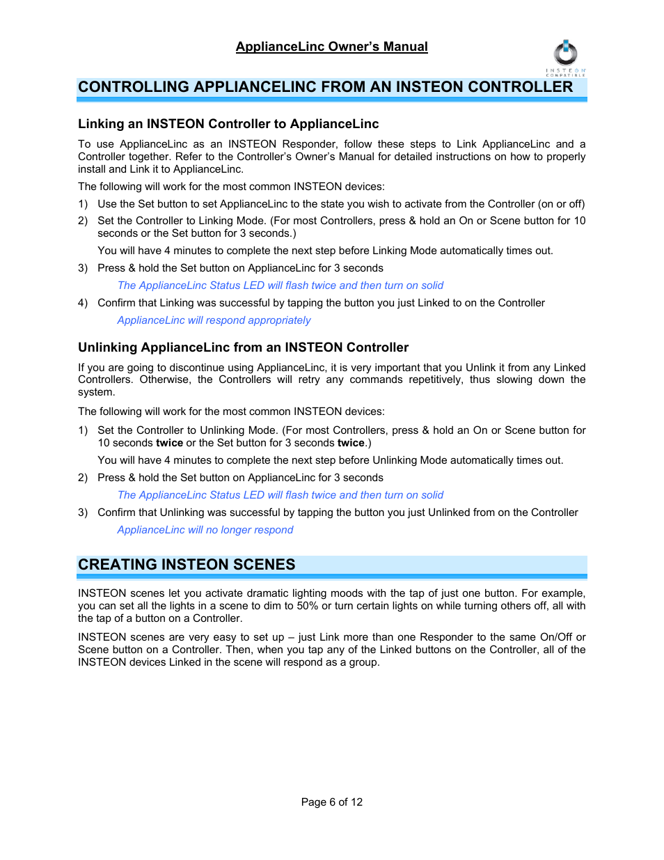 Linking an insteon controller to appliancelinc, Unlinking appliancelinc from an insteon controller, Creating insteon scenes | INSTEON ApplianceLinc (2456S3) Manual User Manual | Page 6 / 12