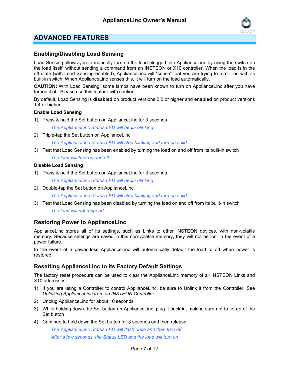 Advanced features, Enabling/disabling load sensing, Restoring power to appliancelinc | INSTEON ApplianceLinc (2456S3) Manual User Manual | Page 7 / 12