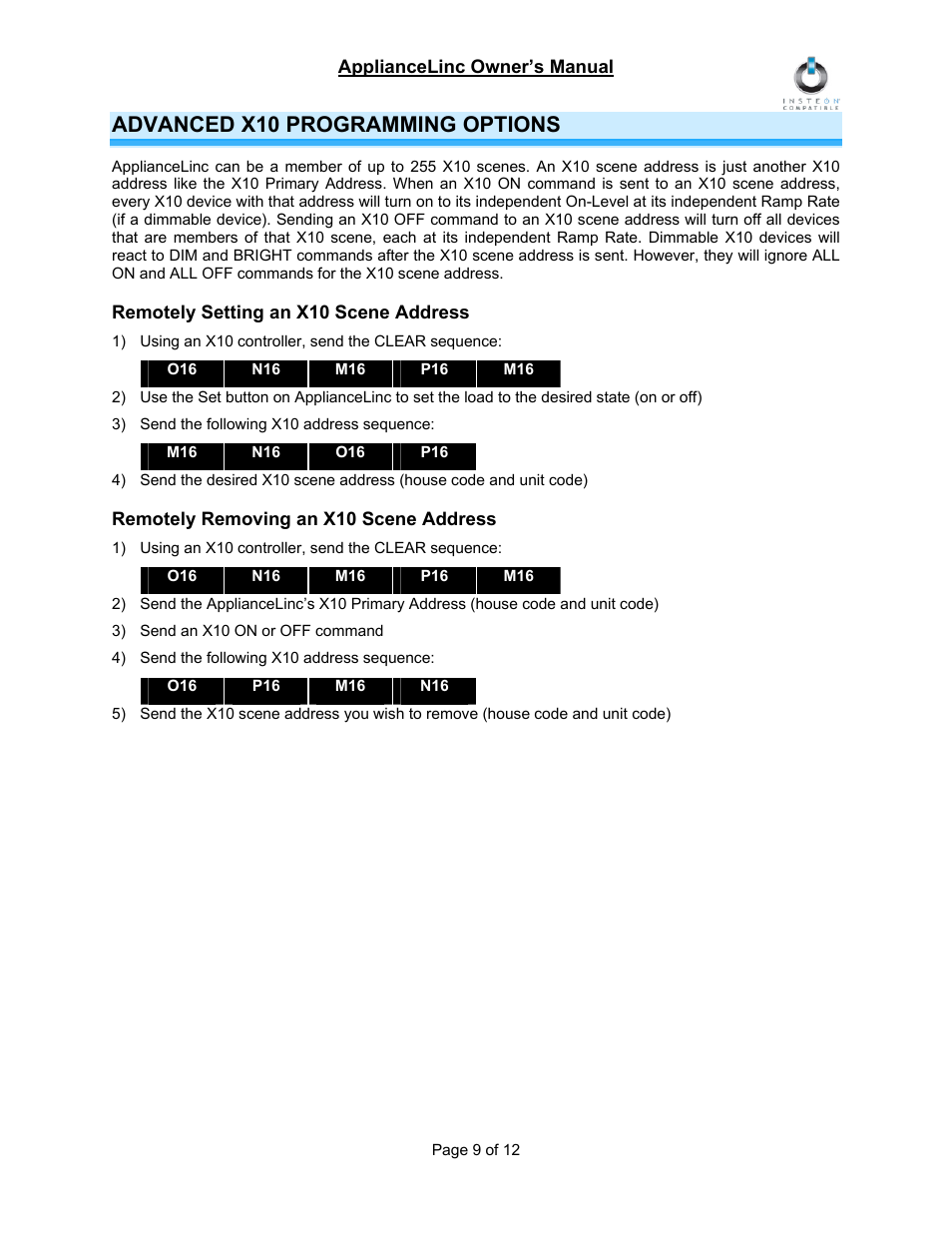 Advanced x10 programming options, Remotely setting an x10 scene address, Remotely removing an x10 scene address | INSTEON ApplianceLinc (2456S3) Manual User Manual | Page 9 / 12