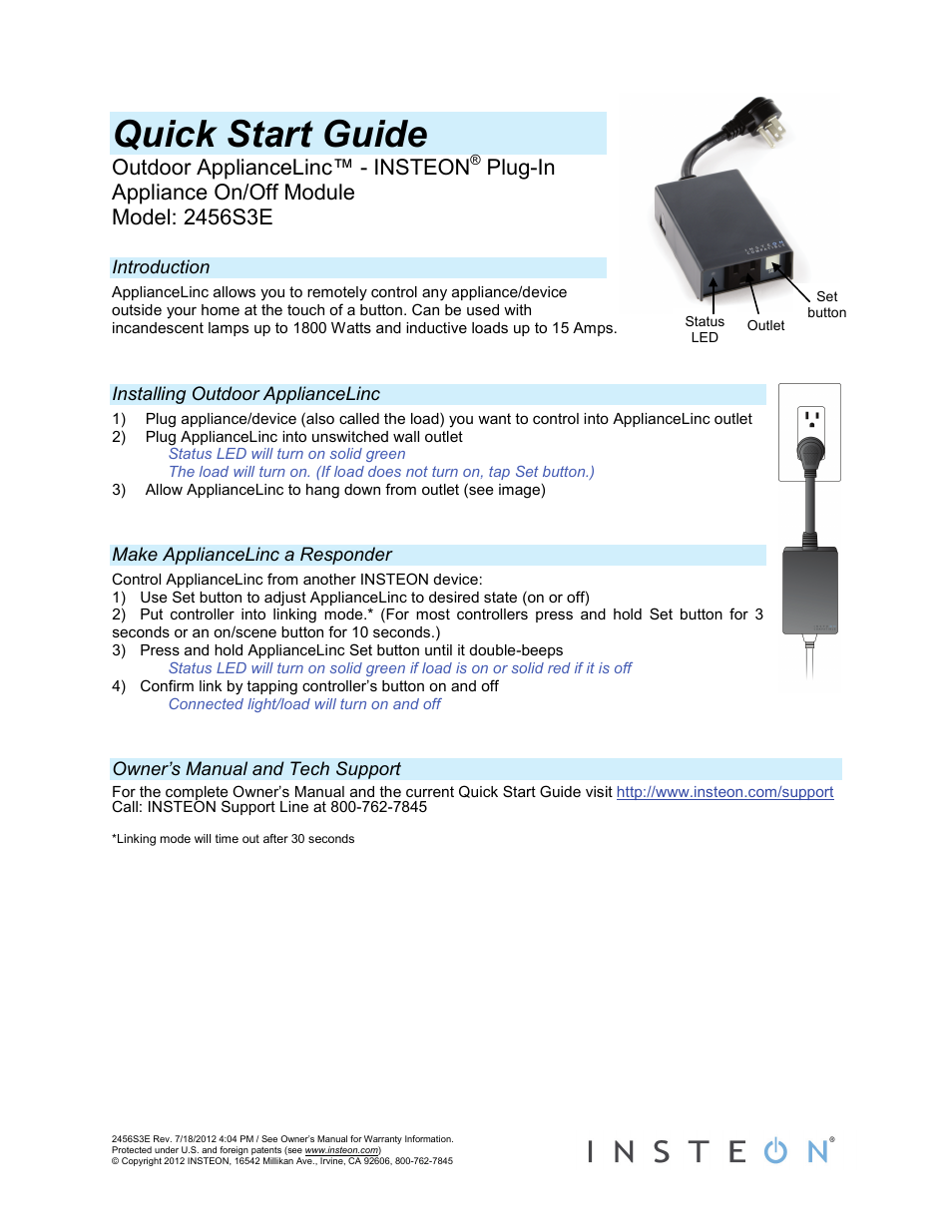 INSTEON ApplianceLinc Outdoor (2456S3E) Quick Start User Manual | 1 page