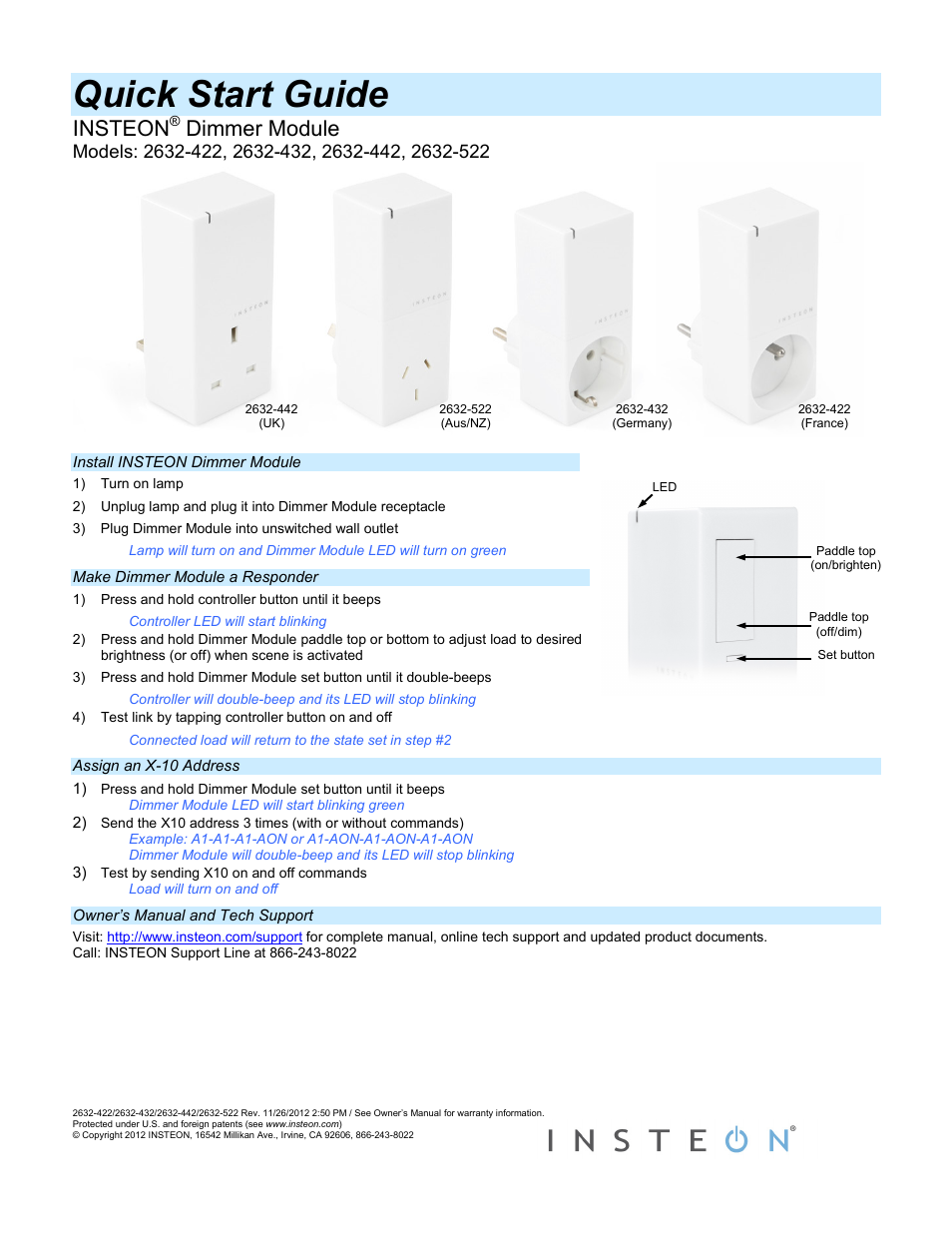 INSTEON Dimmer Module - 2632-422 (France), 2632-432 (Germany), 2632-442 (UK), 2632-522 (AUS/NZ) Quick Start User Manual | 1 page
