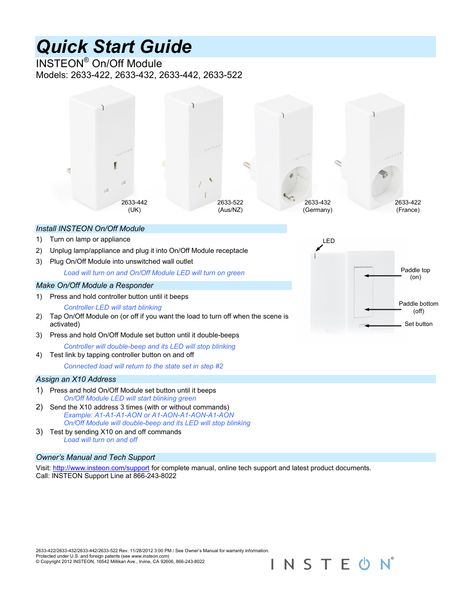 INSTEON On/Off Module - 2633-422 (France), 2633-432 (Germany), 2633-442 (UK), 2633-522 (AUS/NZ) Quick Start User Manual | 1 page