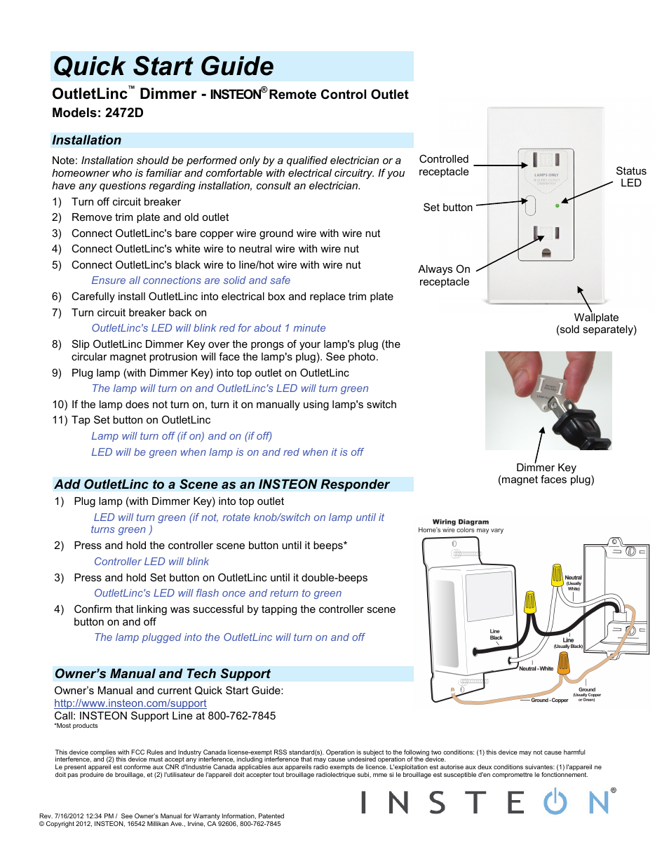 INSTEON OutletLinc Dimmer (Dual-Band) (2472DWH) Quick Start User Manual | 1 page