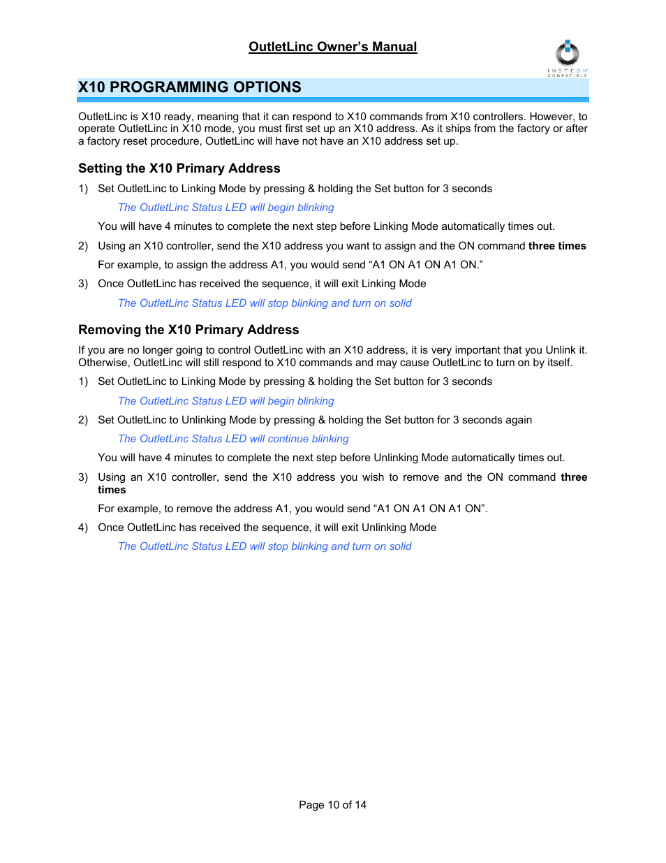 X10 programming options, Setting the x10 primary address, Removing the x10 primary address | INSTEON OutletLinc Relay (2473SWH) Manual User Manual | Page 10 / 14