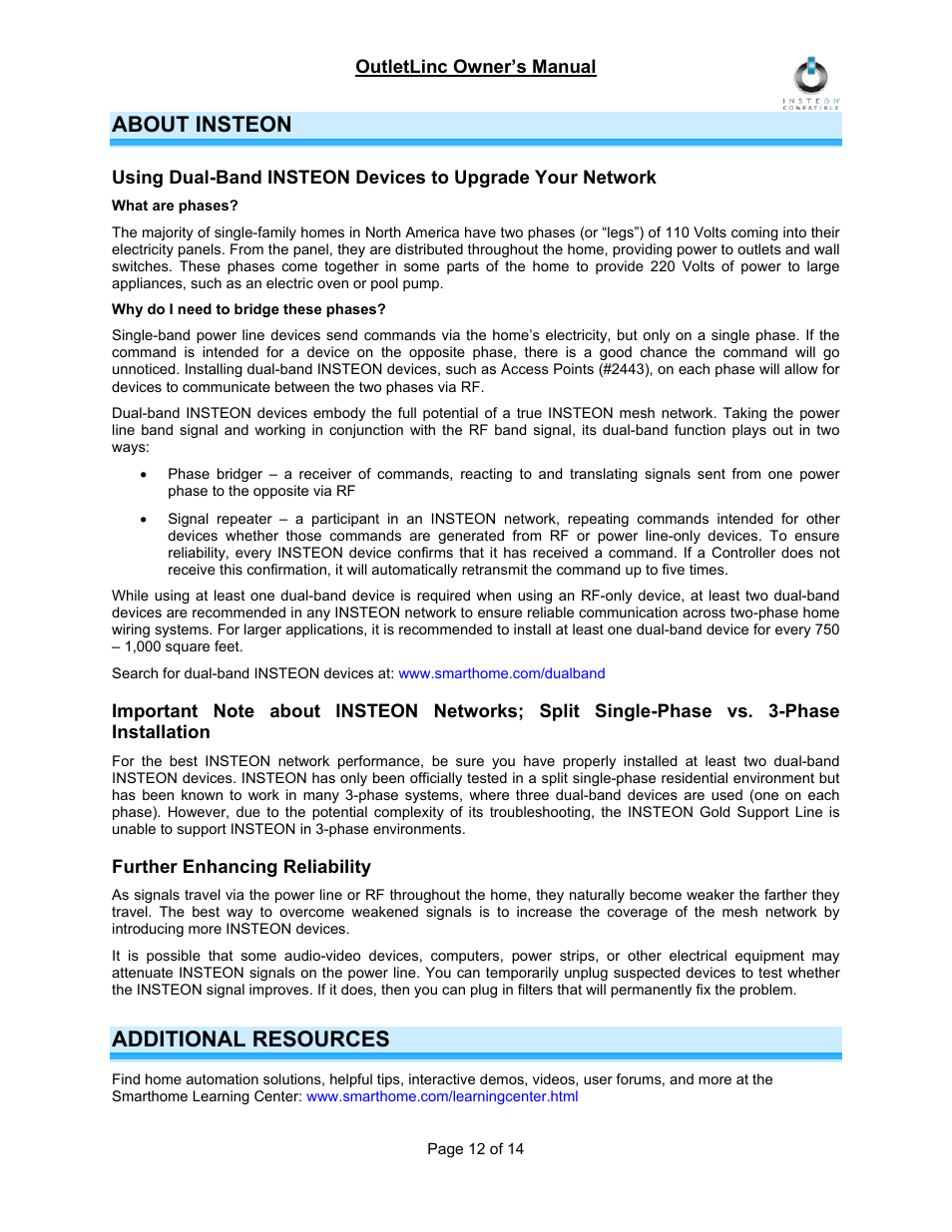 About insteon, Further enhancing reliability, Additional resources | INSTEON OutletLinc Relay (2473SWH) Manual User Manual | Page 12 / 14
