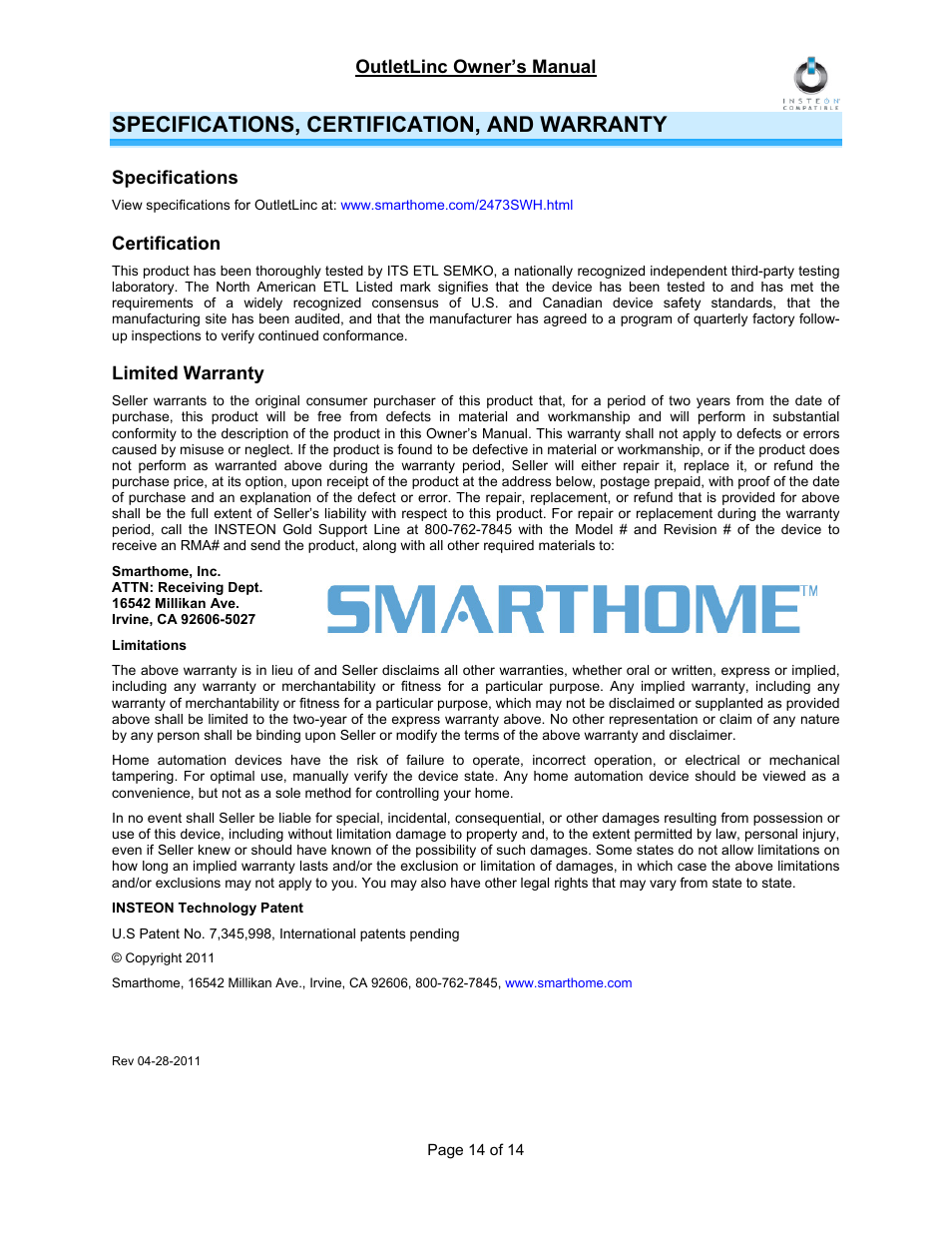 Specifications, certification, and warranty, Specifications, Certification | Limited warranty, Limitations, Insteon technology patent | INSTEON OutletLinc Relay (2473SWH) Manual User Manual | Page 14 / 14