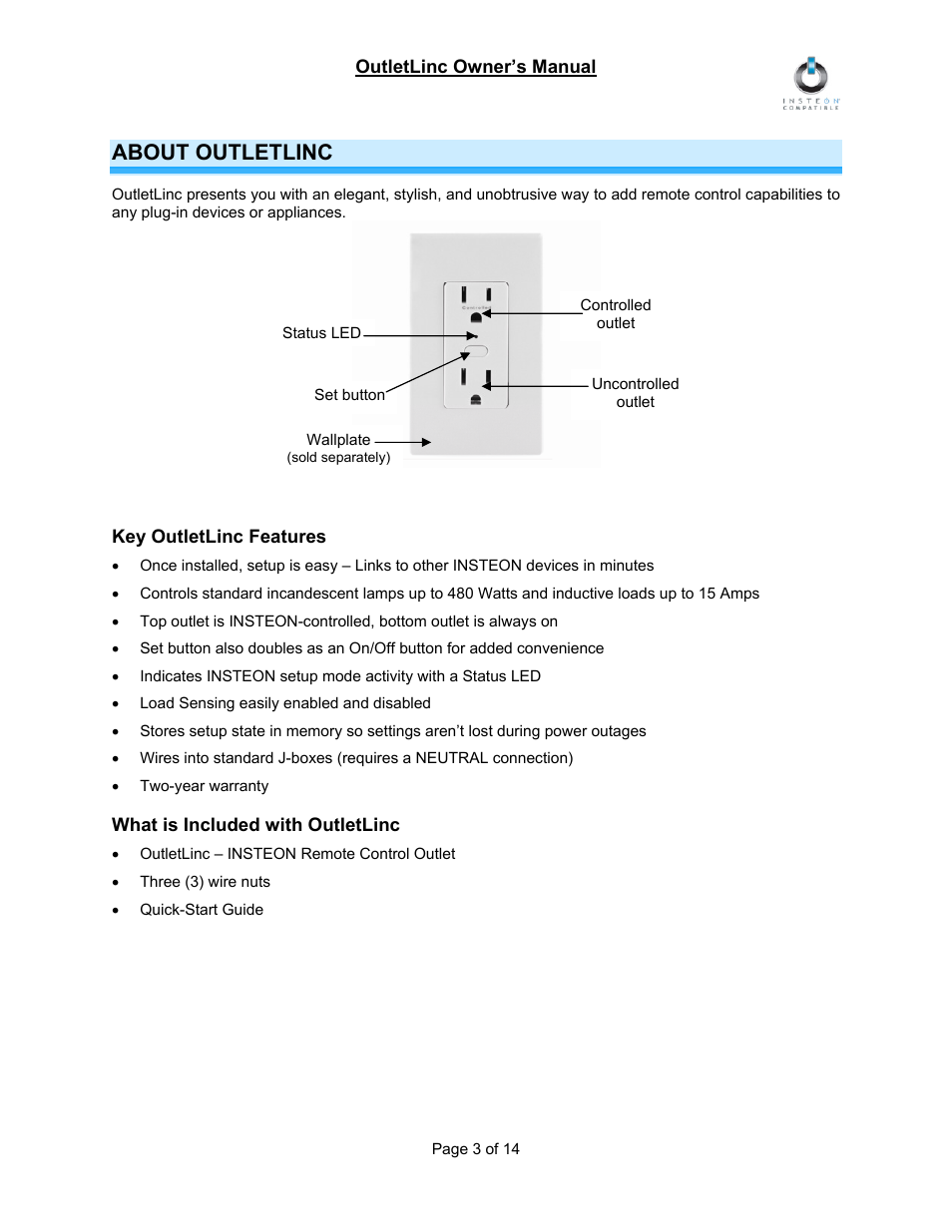 About outletlinc, Key outletlinc features, What is included with outletlinc | INSTEON OutletLinc Relay (2473SWH) Manual User Manual | Page 3 / 14