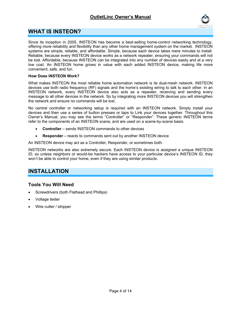 What is insteon, Installation, Tools you will need | INSTEON OutletLinc Relay (2473SWH) Manual User Manual | Page 4 / 14