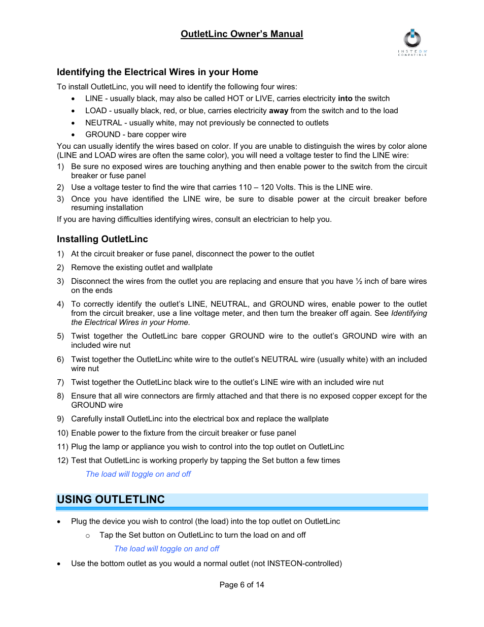 Identifying the electrical wires in your home, Installing outletlinc, Using outletlinc | INSTEON OutletLinc Relay (2473SWH) Manual User Manual | Page 6 / 14