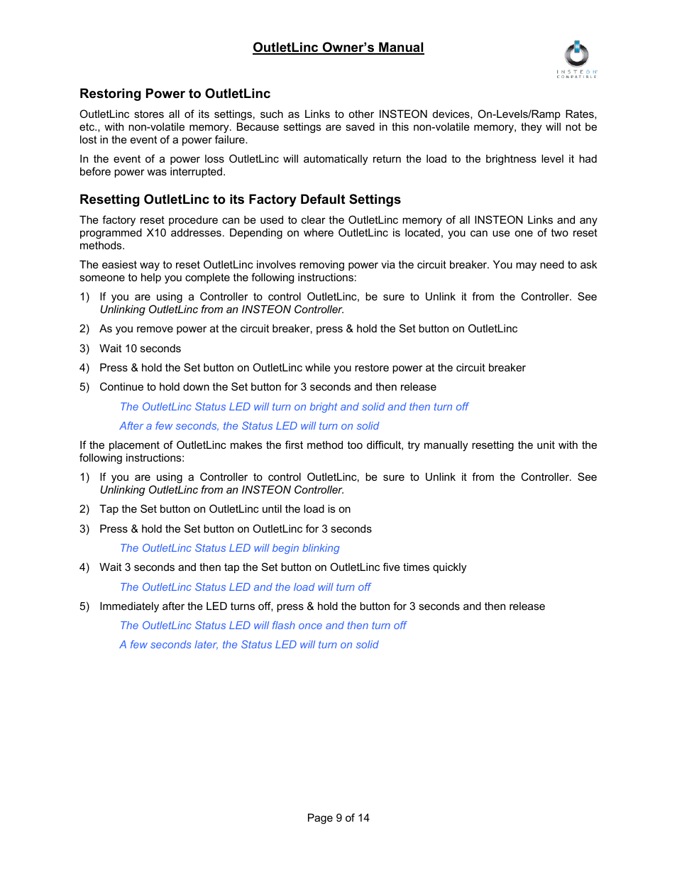 Restoring power to outletlinc | INSTEON OutletLinc Relay (2473SWH) Manual User Manual | Page 9 / 14