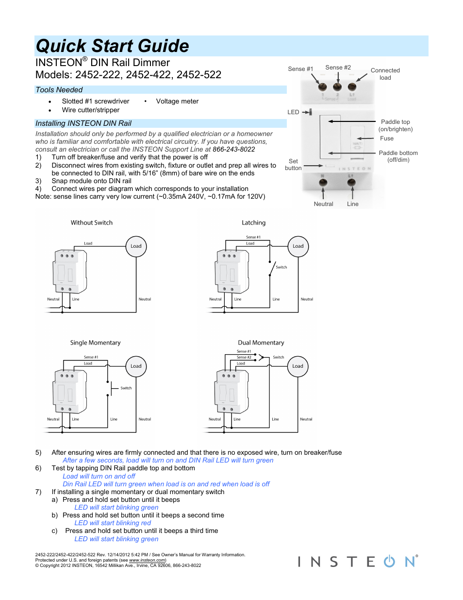 INSTEON DIN Rail Dimmer - 2452-222 (US), 2452-422 (EU), 2452-522 (AUS/NZ) Quick Start User Manual | 2 pages