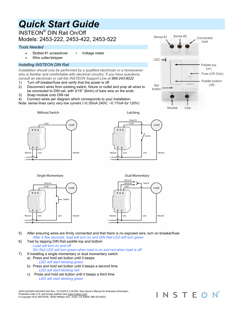 INSTEON DIN Rail On/Off - 2453-222 (US), 2453-422 (EU), 2453-522 (AUS/NZ) Quick Start User Manual | 2 pages