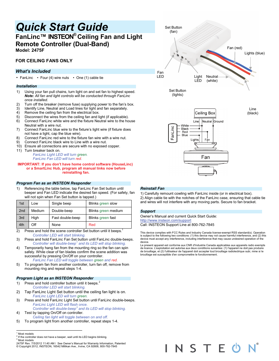 INSTEON In-LineLinc Dimmer (2475D) Quick Start User Manual | 1 page