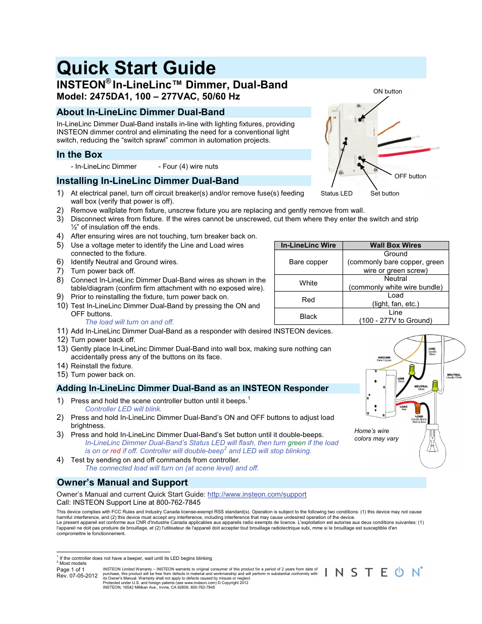 INSTEON In-LineLinc Dimmer (Dual-Band) (2475DA1) Quick Start User Manual | 1 page