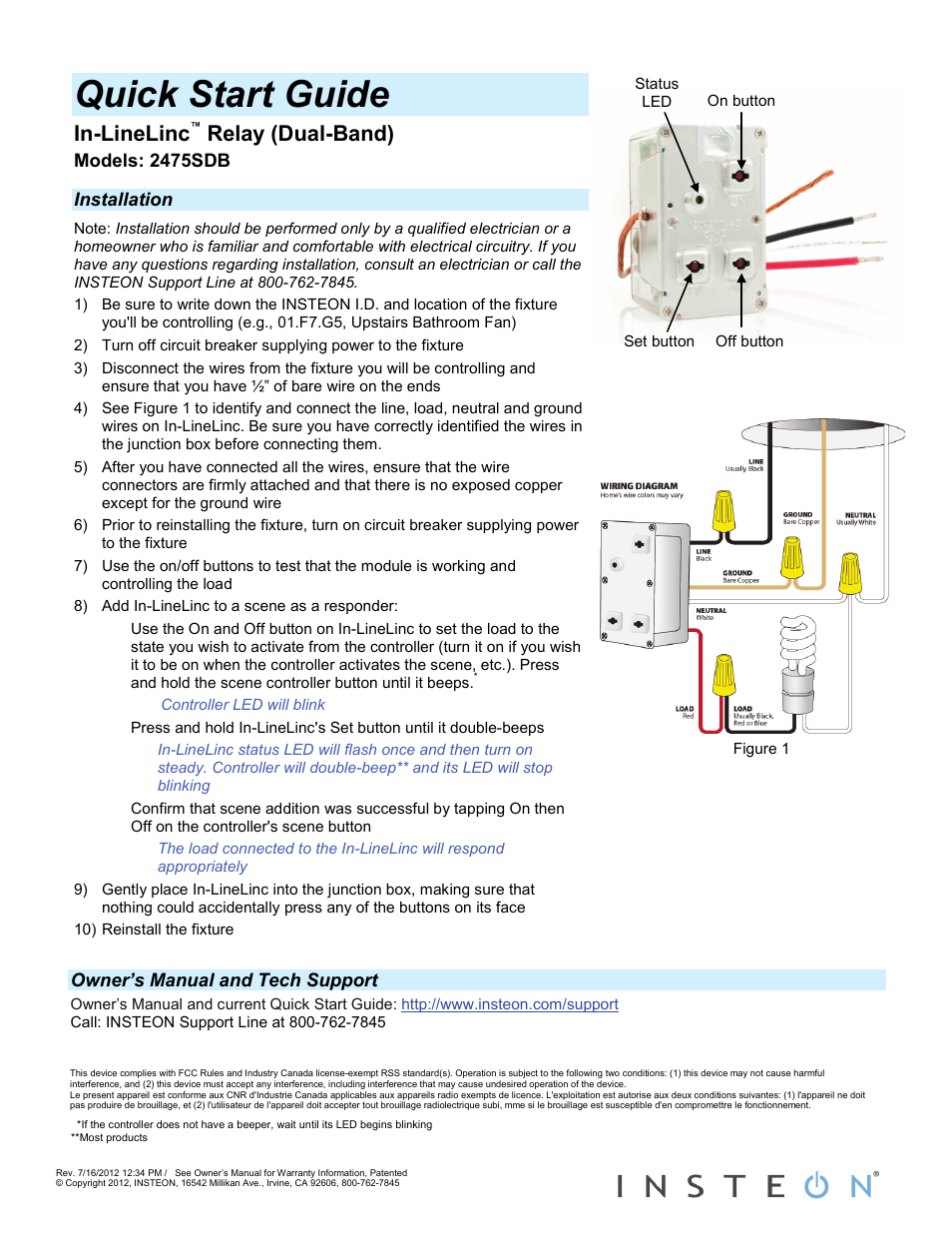 INSTEON In-LineLinc Relay (Dual-Band) (2475SDB) Quick Start User Manual | 1 page