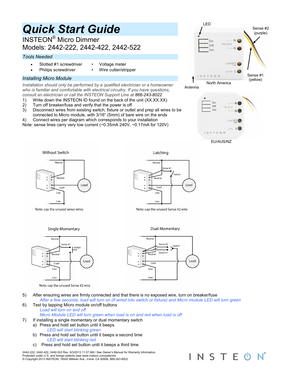 INSTEON Micro Dimmer - 2442-222 (US), 2442-422 (EU), 2442-522 (AUS/NZ) Quick Start User Manual | 2 pages