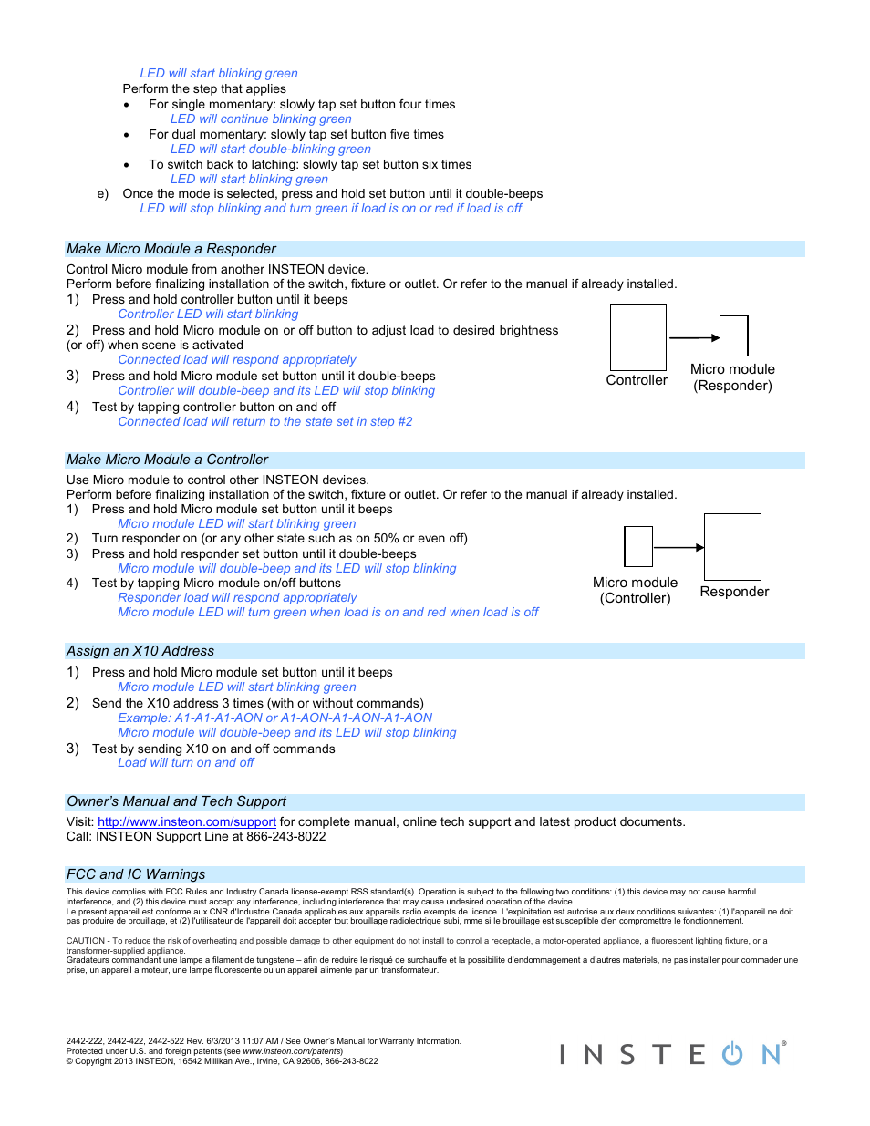 Make micro module a responder, Make micro module a controller, Assign an x10 address | Owner’s manual and tech support, Fcc and ic warnings | INSTEON Micro Dimmer - 2442-222 (US), 2442-422 (EU), 2442-522 (AUS/NZ) Quick Start User Manual | Page 2 / 2