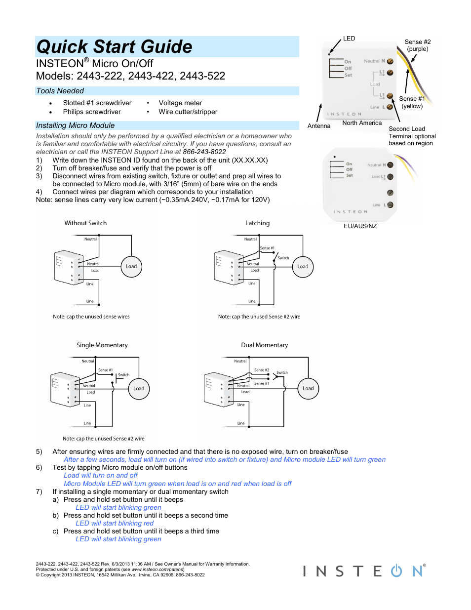 INSTEON Micro On/Off - 2443-222 (US), 2443-422 (EU), 2443-522 (AUS/NZ) Quick Start User Manual | 2 pages