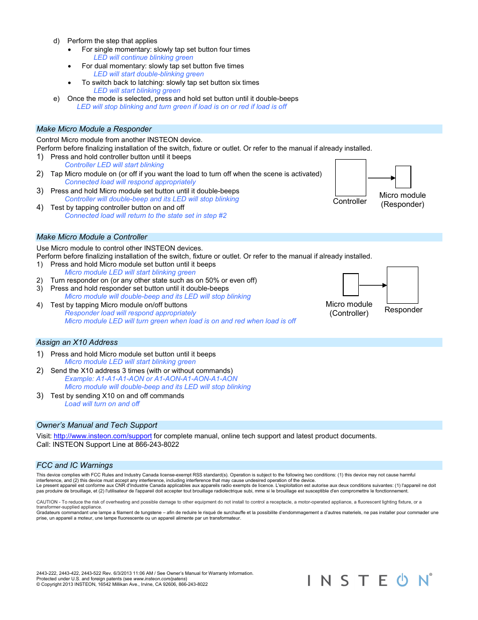 Make micro module a responder, Make micro module a controller, Assign an x10 address | Owner’s manual and tech support, Fcc and ic warnings | INSTEON Micro On/Off - 2443-222 (US), 2443-422 (EU), 2443-522 (AUS/NZ) Quick Start User Manual | Page 2 / 2