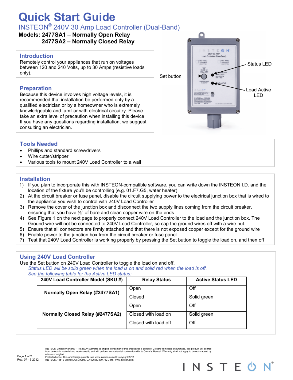 INSTEON Load Controller 220V / 240V 30 Amp, N/O and N/C (2477SA1, 2477SA2) Quick Start User Manual | 2 pages
