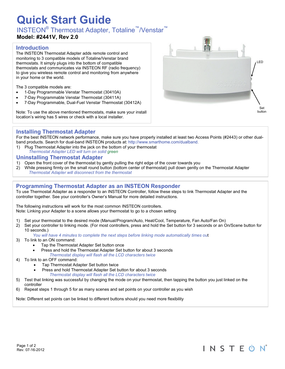 INSTEON Thermostat Adapter (2441V) Quick Start User Manual | 2 pages
