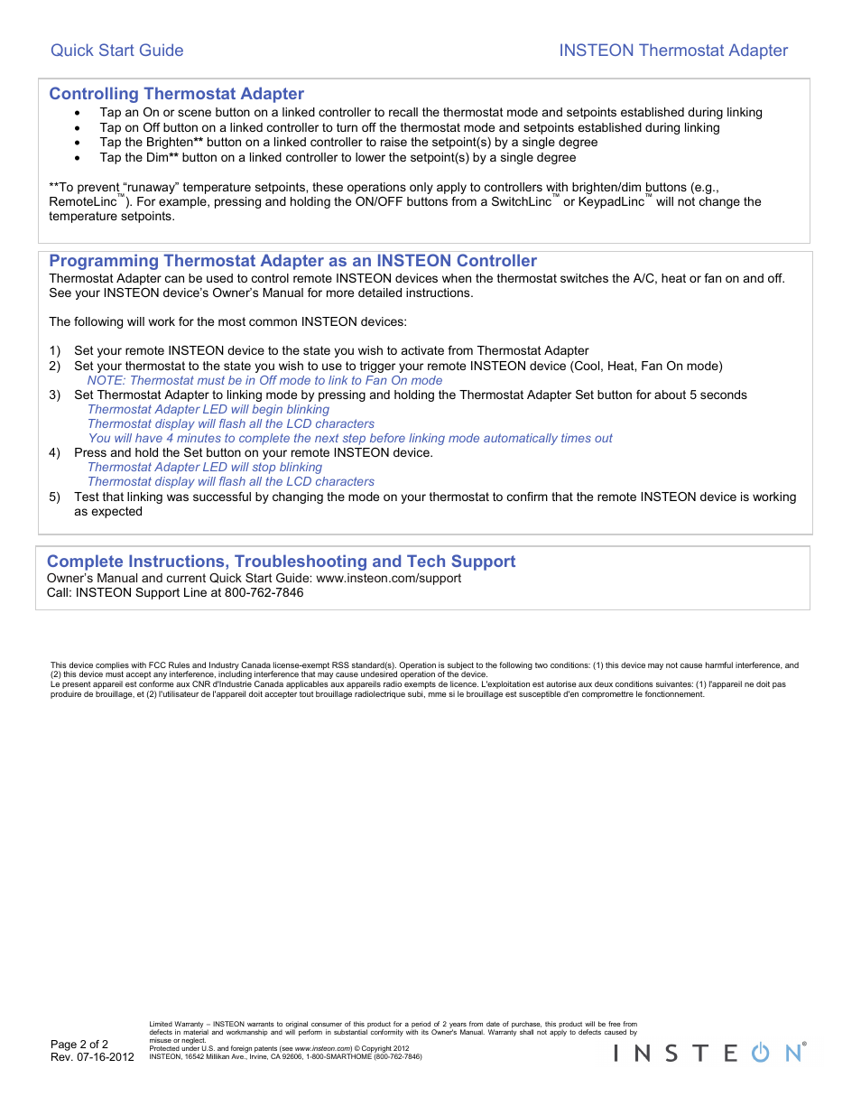 Controlling thermostat adapter, Quick start guide insteon thermostat adapter | INSTEON Thermostat Adapter (2441V) Quick Start User Manual | Page 2 / 2