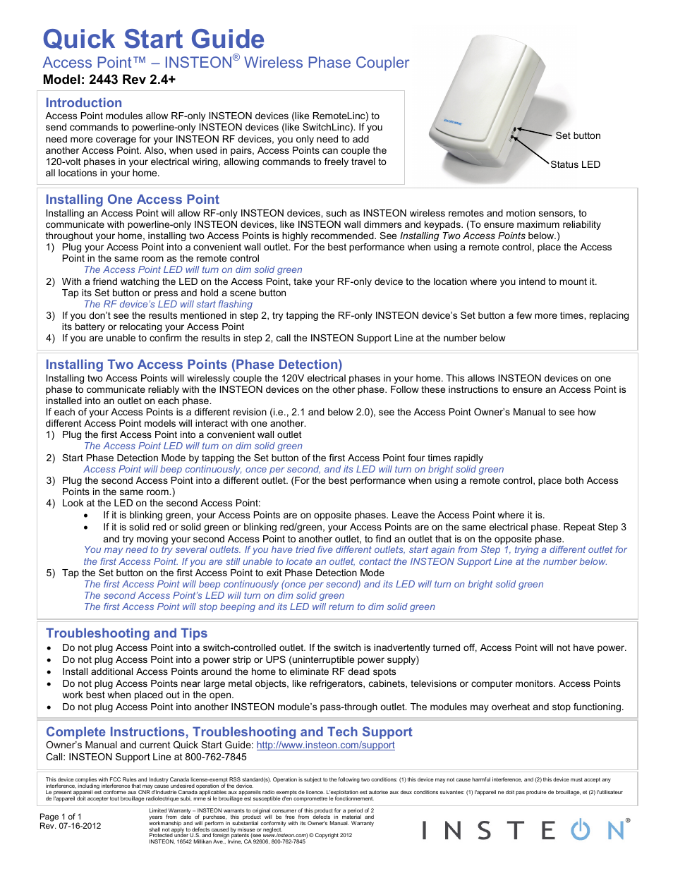 INSTEON Access Point (2443) Quick Start User Manual | 1 page