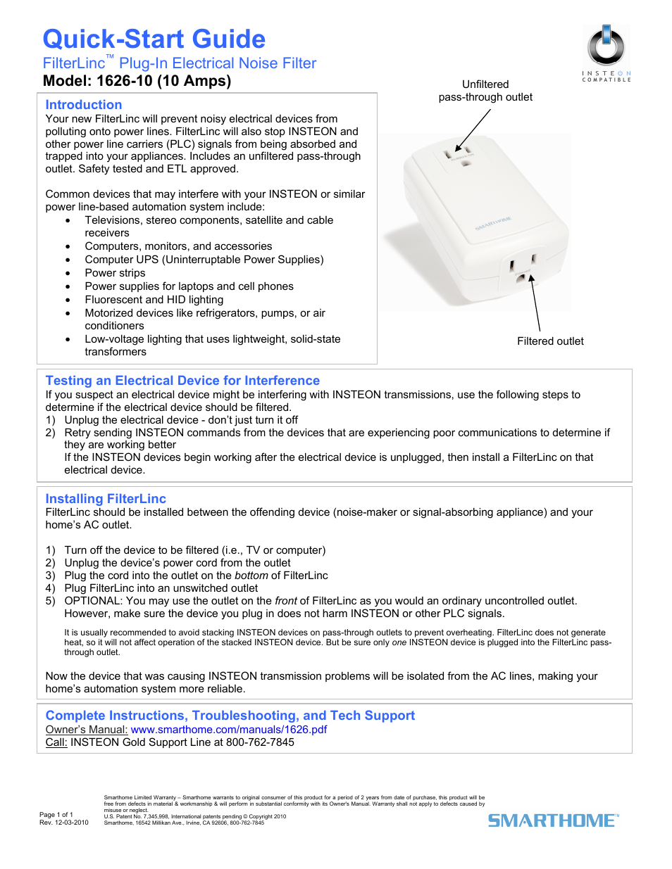 INSTEON FilterLinc (1626-10) Quick Start User Manual | 1 page