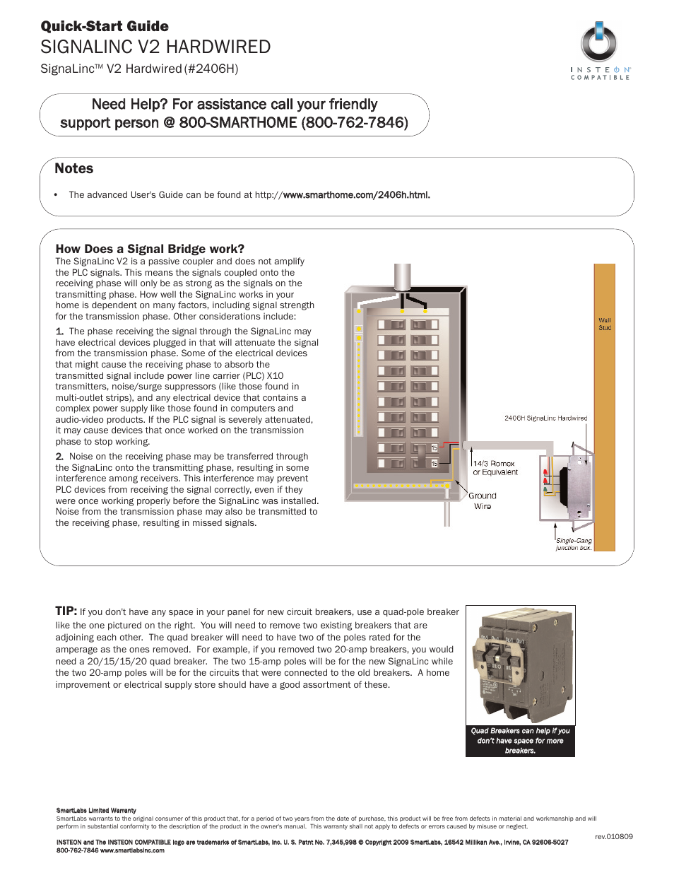 Signalinc v2 hardwired, Quick-start guide, Signalinc | How does a signal bridge work | INSTEON SignaLinc (2406H) User Manual | Page 2 / 2