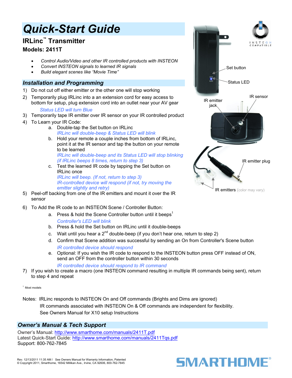 INSTEON IRLinc Transmitter (2411T) Quick Start User Manual | 1 page