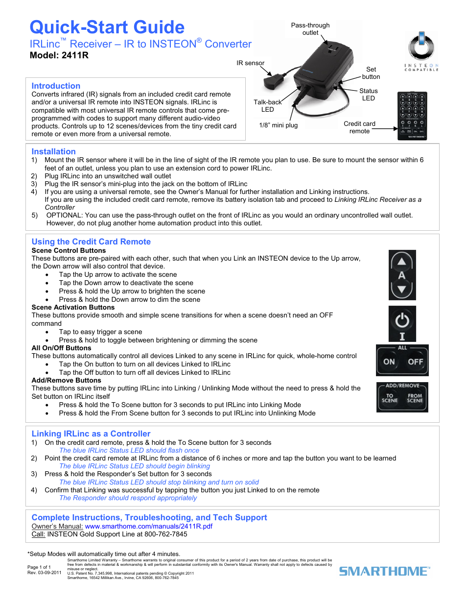 INSTEON IRLinc Receiver (2411R) Quick Start User Manual | 1 page