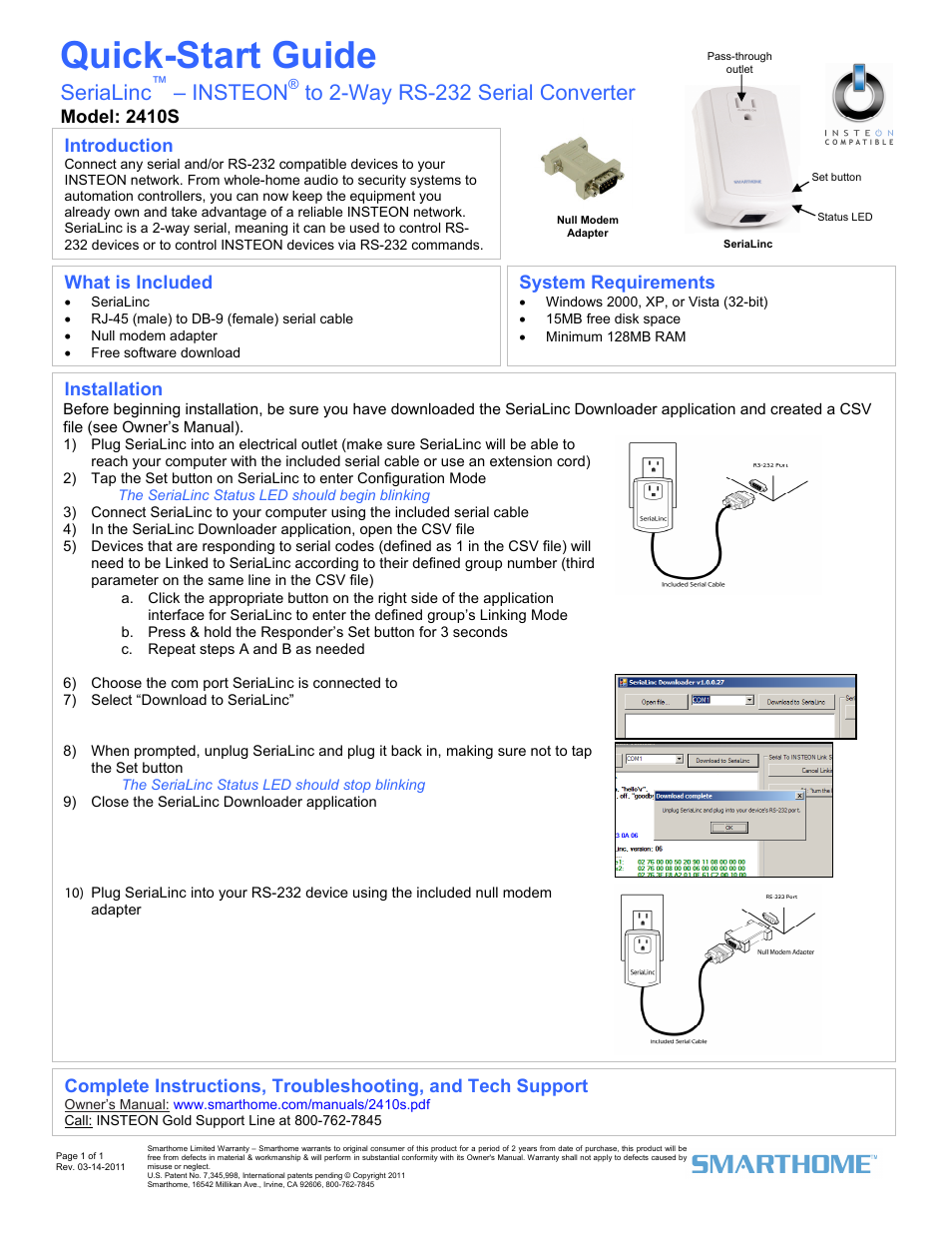 INSTEON SeriaLinc (2410S) Quick Start User Manual | 1 page