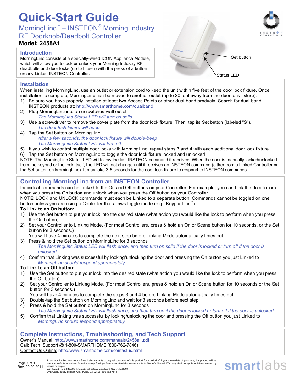 INSTEON MorningLinc (2458A1) Quick Start User Manual | 1 page