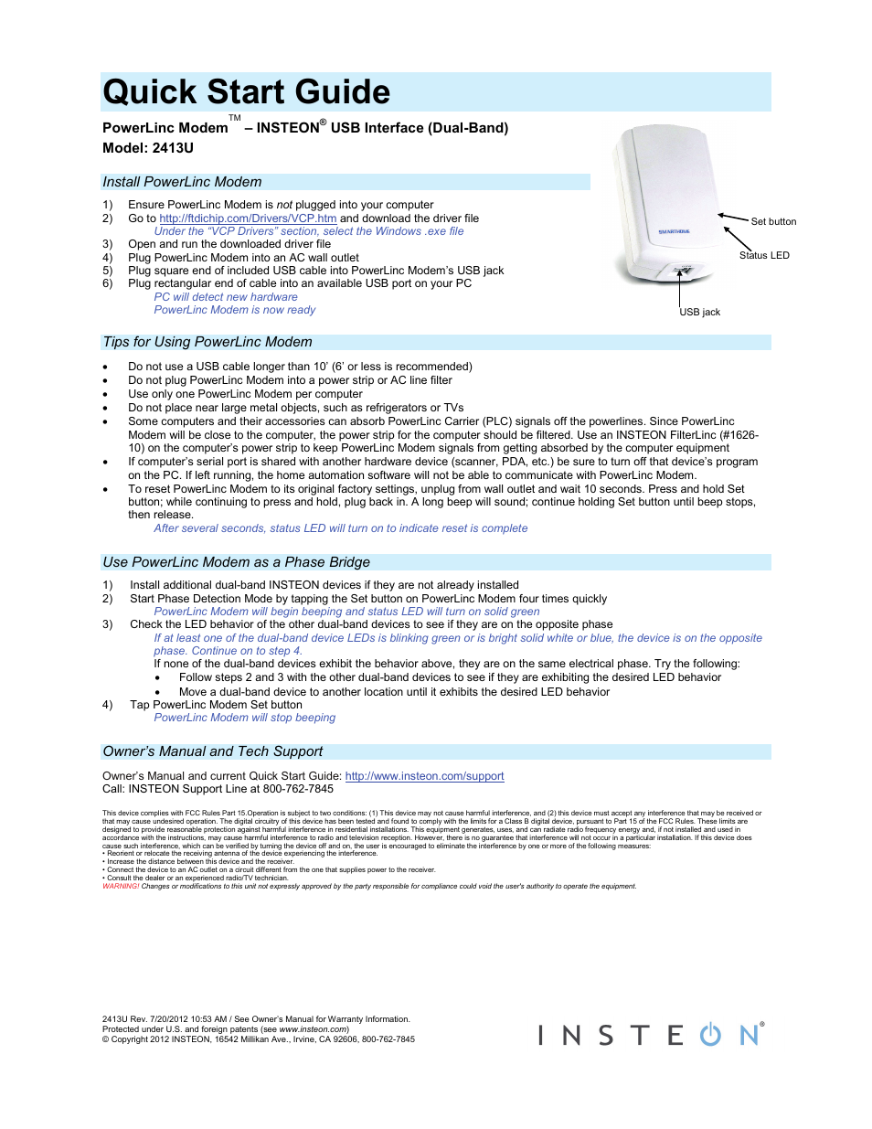 INSTEON PowerLinc Modem, USB (2413U) User Manual | 1 page