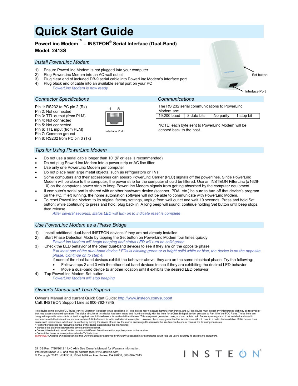 INSTEON PowerLinc Modem, Serial (2413S) User Manual | 1 page