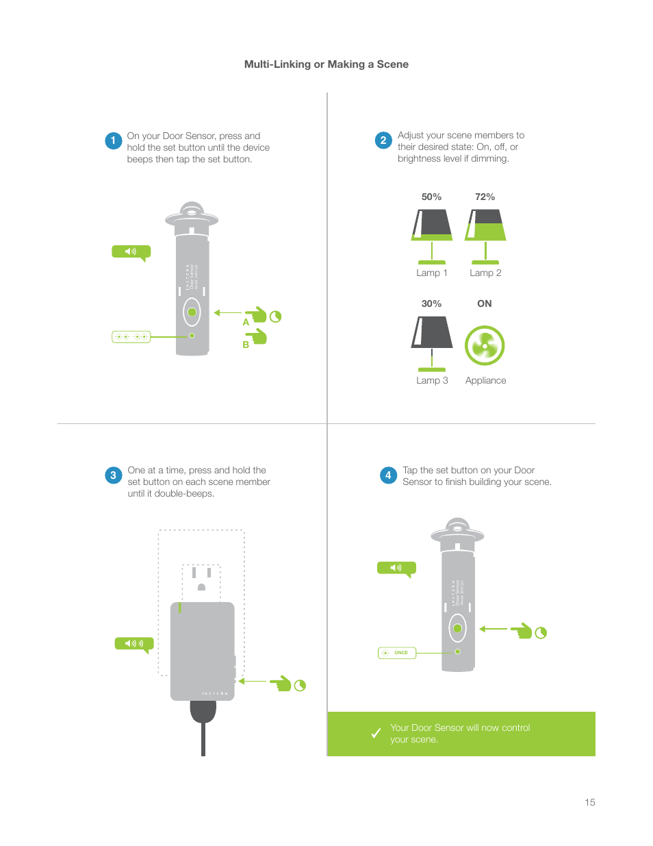 Multi-linking or making a scene, Multi-linking or making a scene 2 3 4 | INSTEON Hidden Door Sensor (2845-222) Manual User Manual | Page 15 / 35