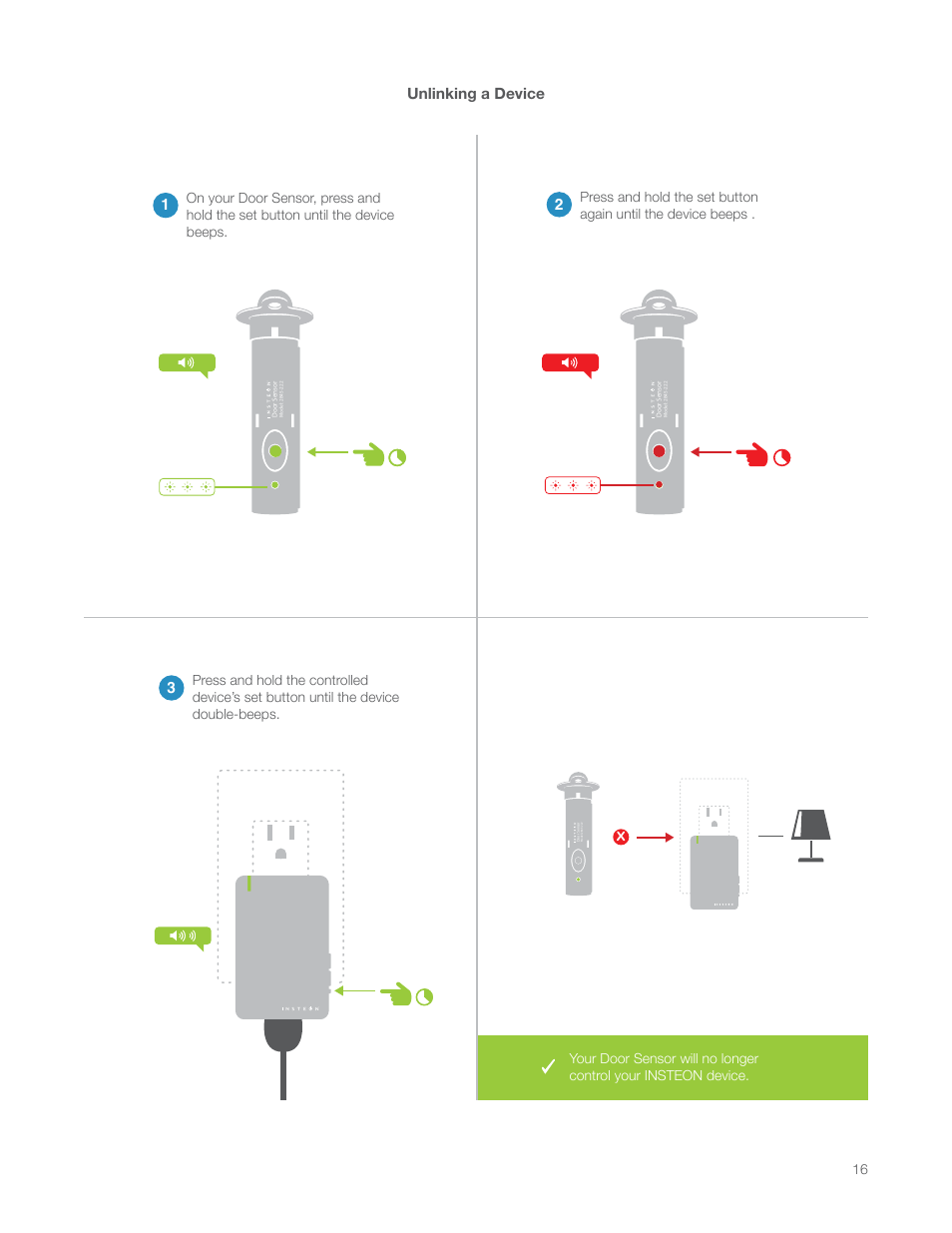 Unlinking a device, Unlinking a device 1 | INSTEON Hidden Door Sensor (2845-222) Manual User Manual | Page 16 / 35