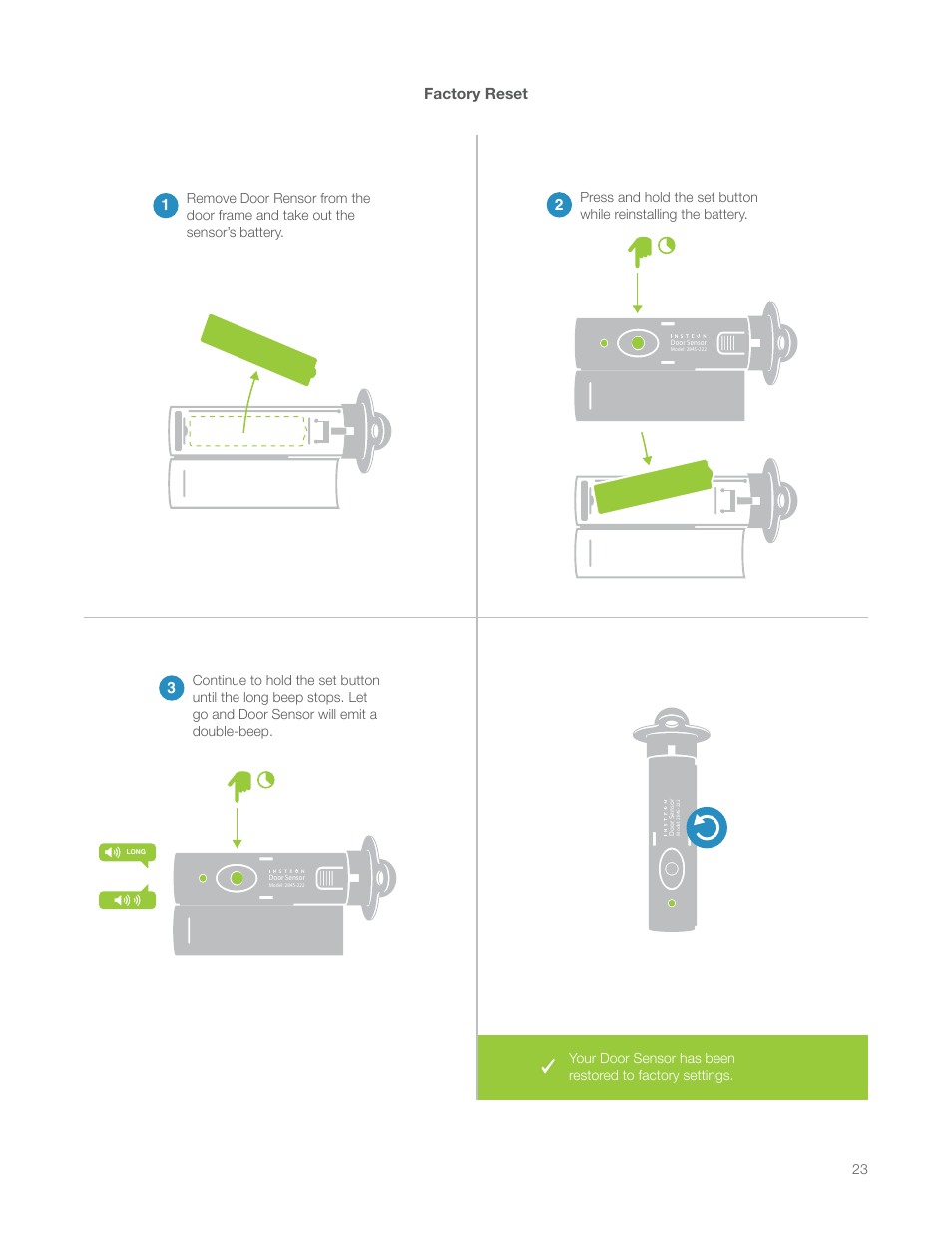 Factory reset, Factory reset 1 | INSTEON Hidden Door Sensor (2845-222) Manual User Manual | Page 23 / 35