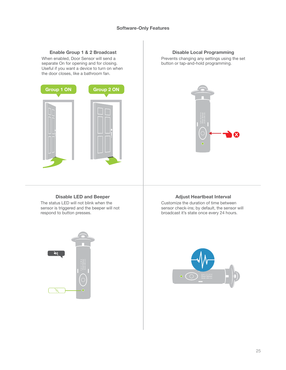 Enable group 1 & 2 broadcast, Disable local programming, Disable led and beeper | Adjust heartbeat interval, Group 1 on group 2 on | INSTEON Hidden Door Sensor (2845-222) Manual User Manual | Page 25 / 35