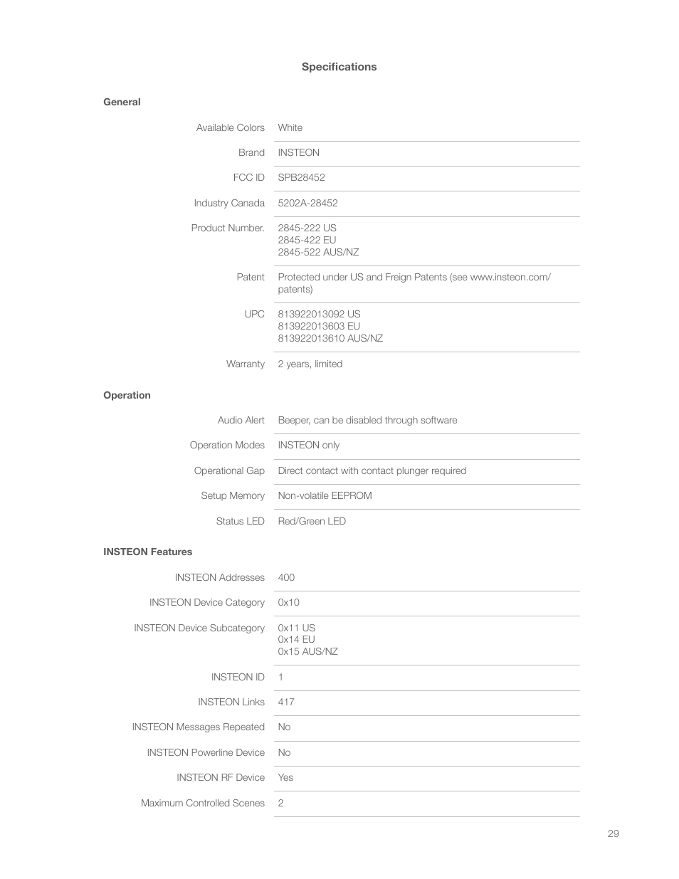 Specifications | INSTEON Hidden Door Sensor (2845-222) Manual User Manual | Page 29 / 35