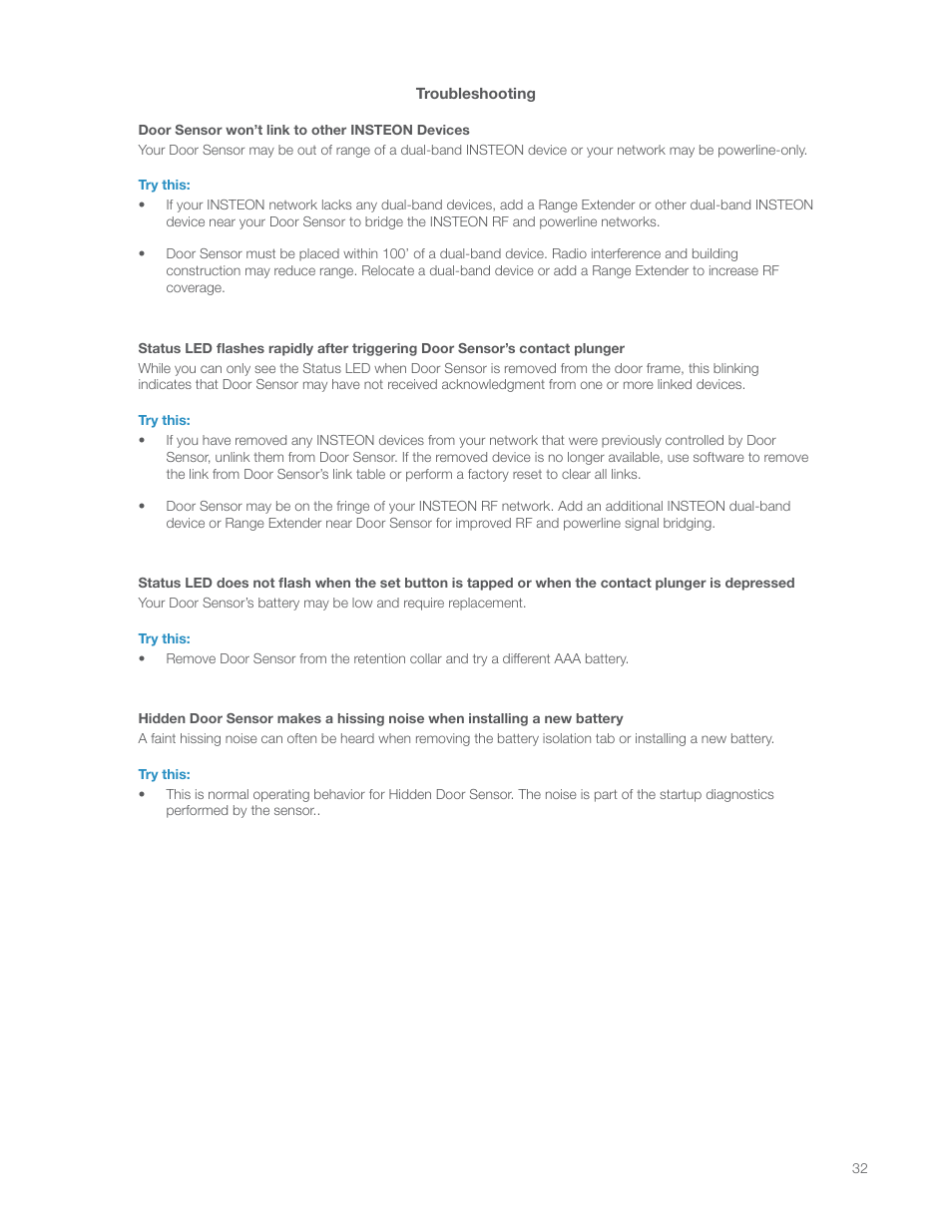 Troubleshooting | INSTEON Hidden Door Sensor (2845-222) Manual User Manual | Page 32 / 35