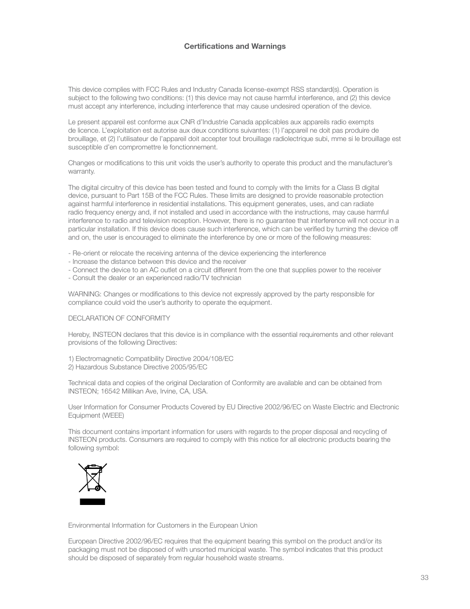 Certifications and warnings | INSTEON Hidden Door Sensor (2845-222) Manual User Manual | Page 33 / 35